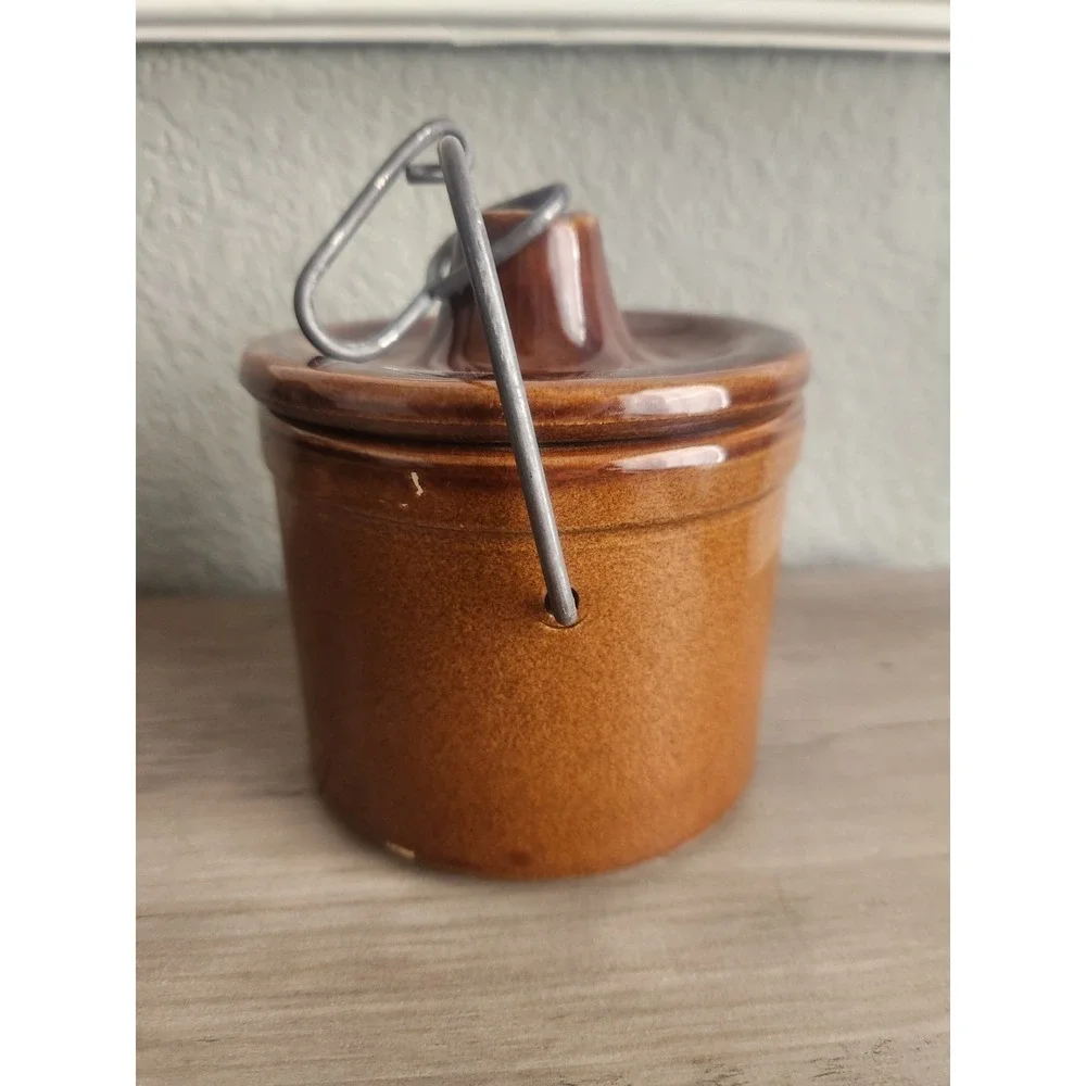 Vintage Brown Glazed Stoneware Cheese/Butter Crock with Bail Clamp Lid - 5 